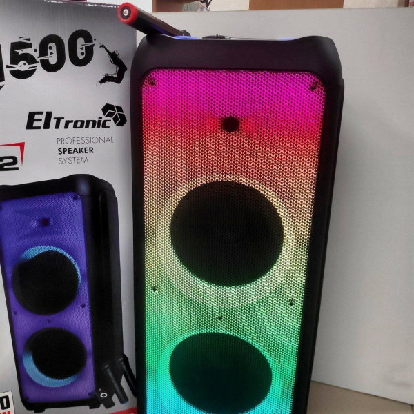 Беспроводная портативная bluetooth колонка Eltronic FIRE BOX 1500 Watts BASS BOOSTER арт. 20-56 с двумя беспроводными микрофонами, LED-подсветкой и RGB светомузыкой, пультом дистанционного управления